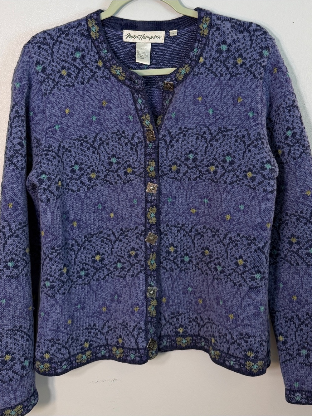 Norm Thompson VTG cardigan sweater medium GUC purple blue floral fair isle cozy